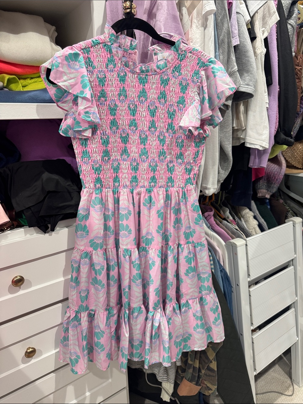Pink Floral Smocked Tiered Casual Dress with Teal Print